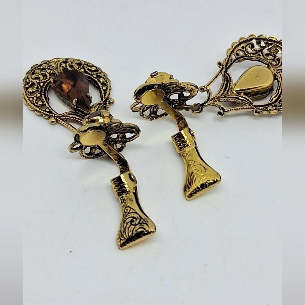* Vintage Root Beer Rhinestones Pin Brooch & Clip On Earrings SET